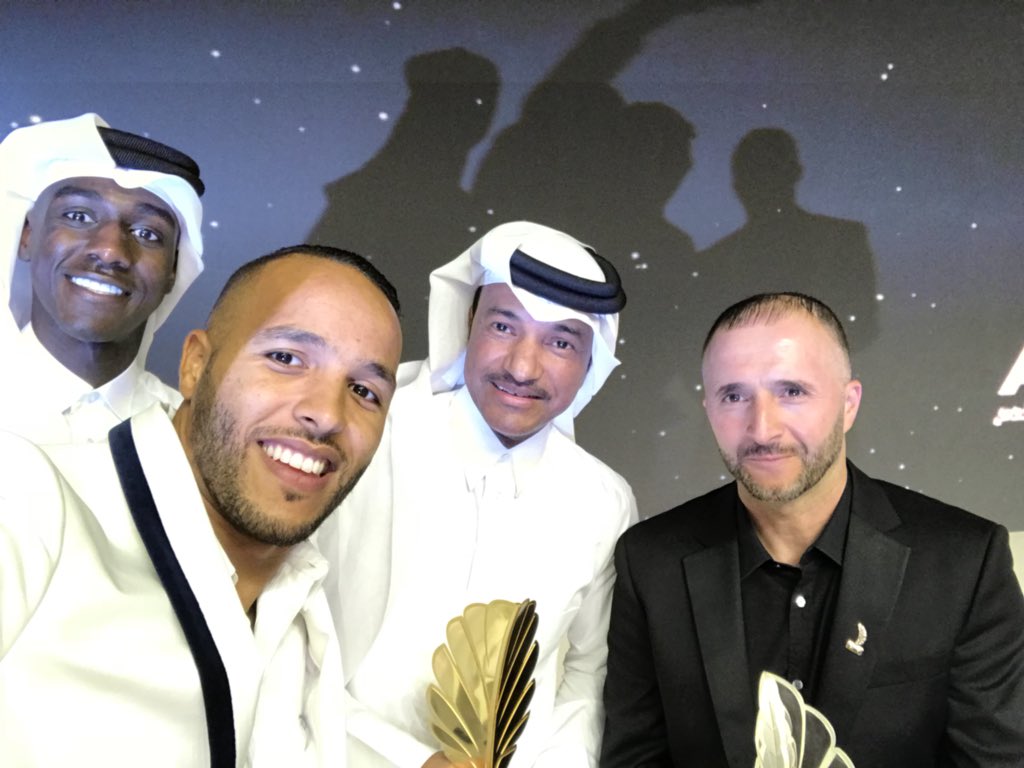 Under-23 Player of the Year, Al Duhail’s Almoez Ali (left), Top Scorer of the Year, Youssef El Arabi and Coach of the Year Djamel Belmadi (right) pose for a selfie following the QFA Awards Ceremony yesterday.   