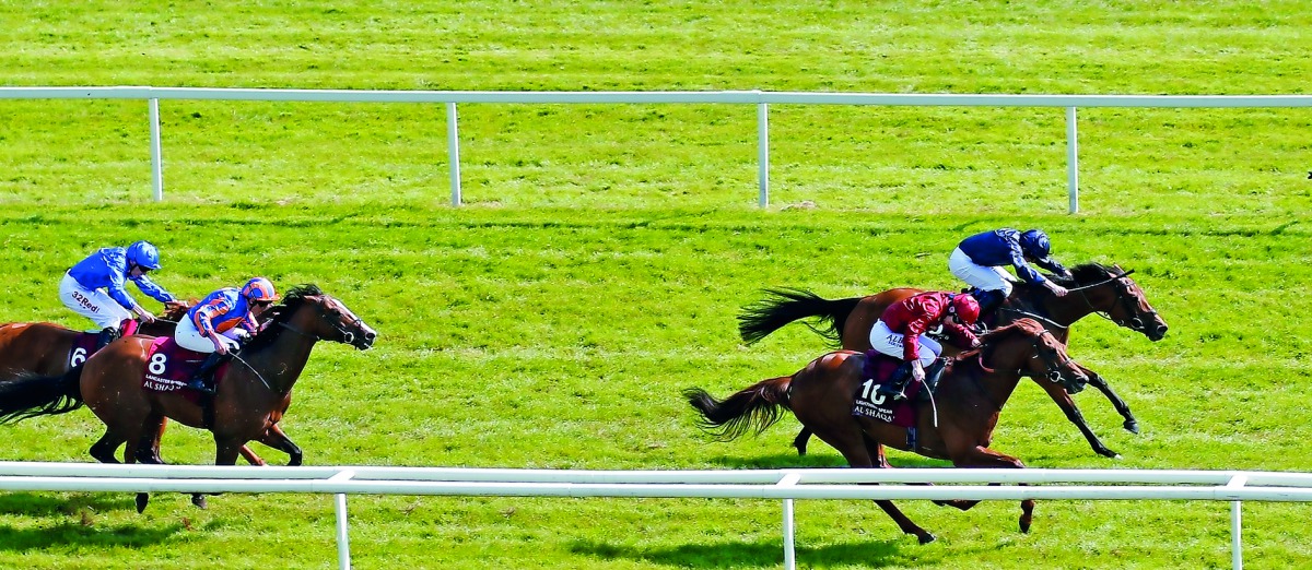 The Qatar Racing-owned Lightning Spear (foreground) and Rhododendron near the finish line during Newbury meeting on Saturday.