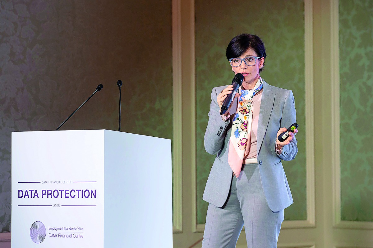 Luigia Ingianni, Commissioner of the Employment Standards Office at the Qatar Financial Centre Authority, making a presentation.
