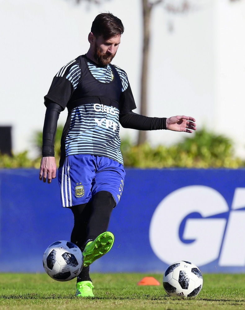 Argentina's forward Lionel Messi, strikes the ball during a training session in Ezeiza, Buenos Aires on May 25, 2018. AFP / Juan Mabromata