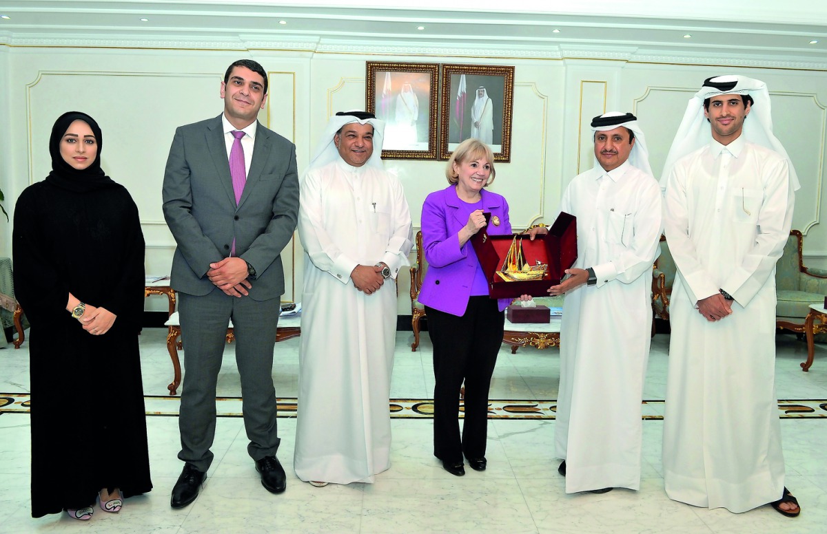 Sheikh Khalifa bin Jassim Al Thani (second right), Chairman, Qatar Chamber, presenting a memento to  Ambassador Anne Patterson (third right), President, US-Qatar Business Council, after the meeting held at the Qatar Chamber headquarters in Doha, yesterday