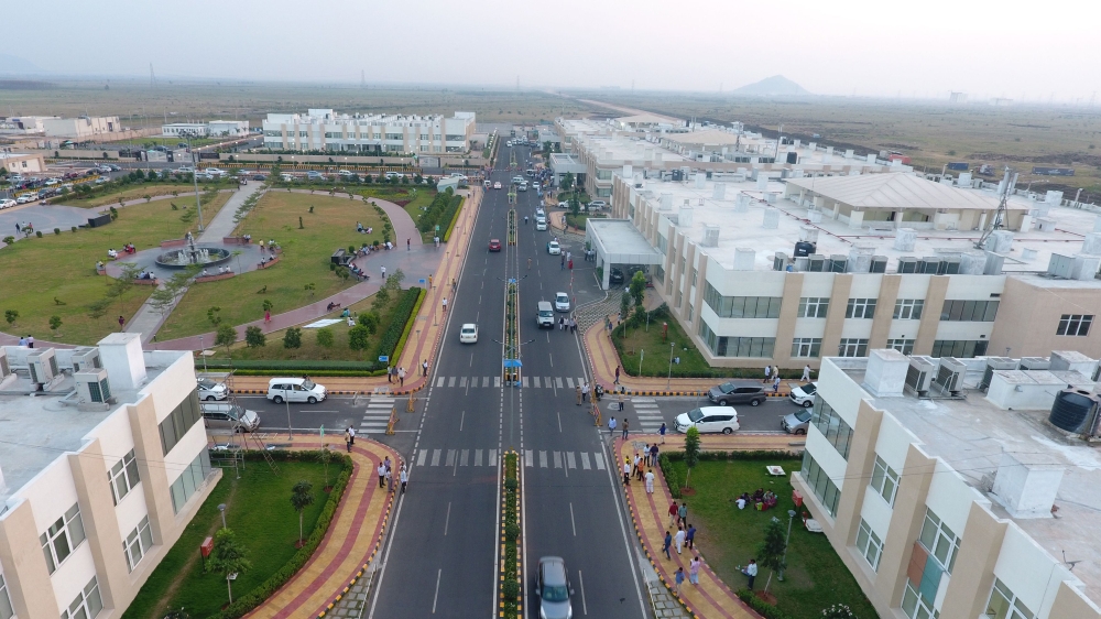 This handout photo taken on April 7, 2018 and released on May 22, 2018 by the Andhra Pradesh Capital Region Development Authority (AP Govt) shows an aerial view of the under construction 