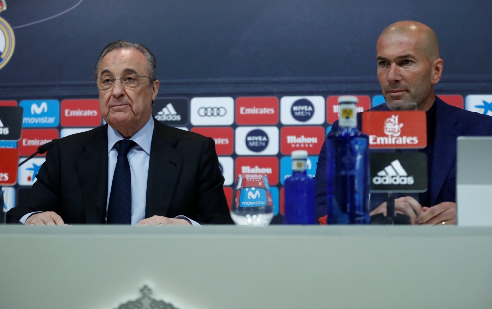 Real Madrid president Florentino Perez and coach Zinedine Zidane during the press conference REUTERS/Juan Medina