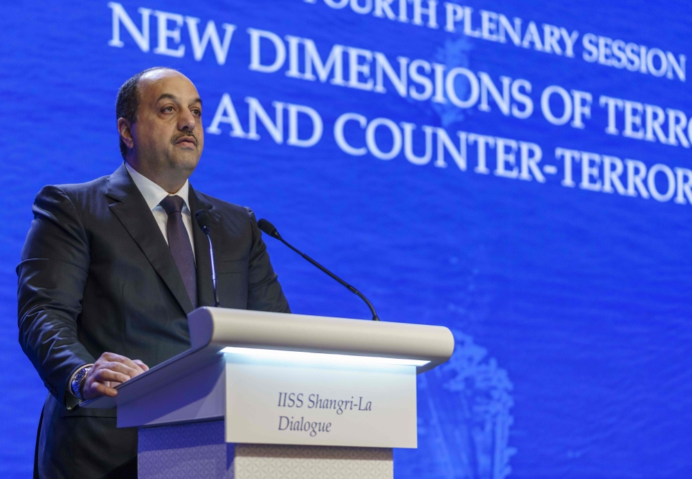 Deputy Prime Minister and Minister of State for Defence Affairs, H E Dr Khalid bin Mohamed Al Attiyah speaks at the fourth plenary session during the 17th Asian Security Summit of the IISS Shangri-La Dialogue in Singapore on June 3, 2018. (AFP / Nicholas 