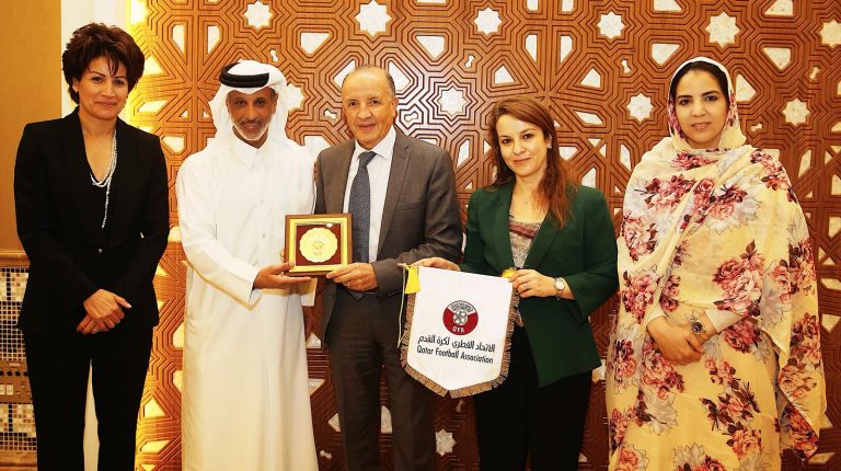A high-level delegation from the Morocco 2026 FIFA World Cup bid team during their meeting with Qatar Football Association President, Sheikh Hamad bin Khalifa bin Ahmed Al Thani, yesterday.