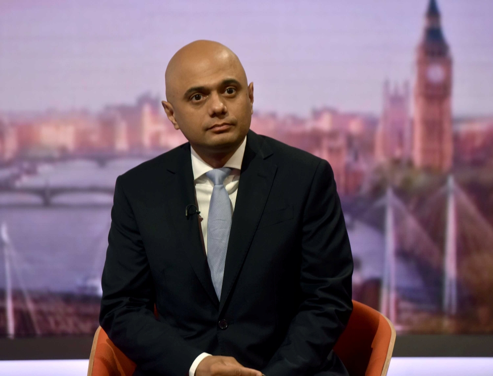 Britain's Home Secretary Sajid Javid attends the BBC's Andrew Marr show in London, June 3, 2018. Jeff Overs/BBC Handout via REUTERS 