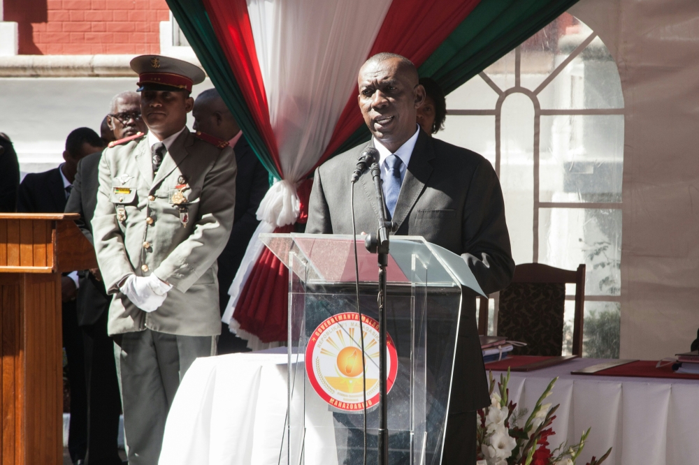 (FILES) In this file photo taken on April 13, 2016, Olivier Mahafaly Solonandrasana then newly appointed Madagascar Prime Minister delivers a speech during the swearing in ceremony at Mazoharivo Palace in Antananarivo. AFP / Rijasolo 