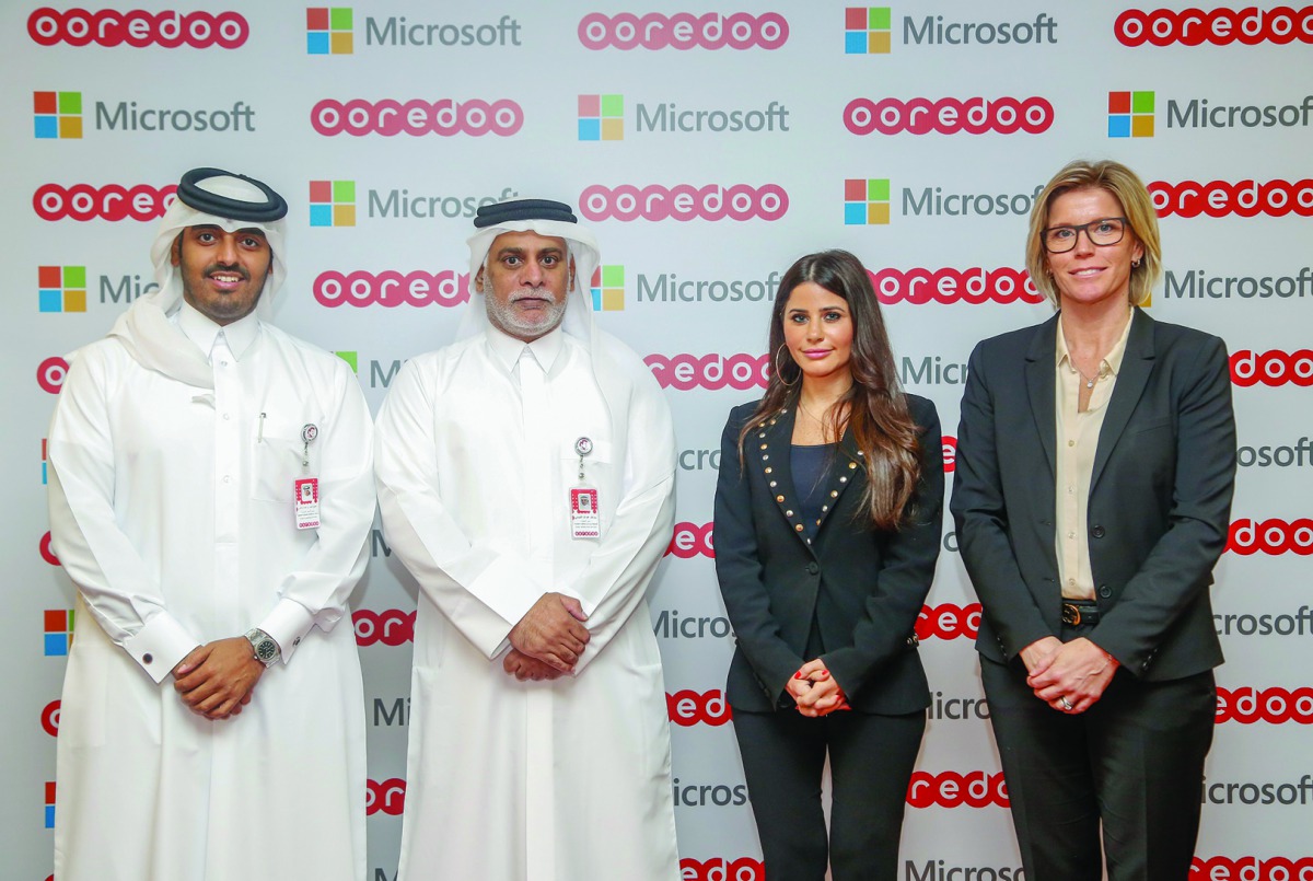 Sheikh Nasser bin Hamad bin Nasser Al Thani, Chief Business Officer of Ooredoo; Yousef Abdulla Al Kubaisi, Chief Operating Officer – Ooredoo Qatar; with Lana Khalaf, Country Manager, Microsoft Qatar; and Frida Kleimert Knibbs, MEA Director Communication S