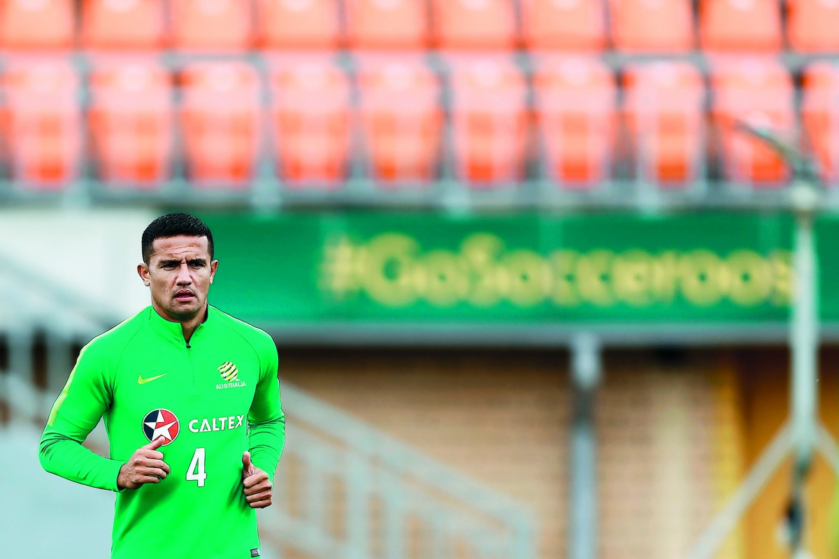 Australia's forward Tim Cahill takes part in a training session in Kazan on June 11, 2018, ahead of the Russia 2018 World Cup football tournament.  AFP / Saeed Khan