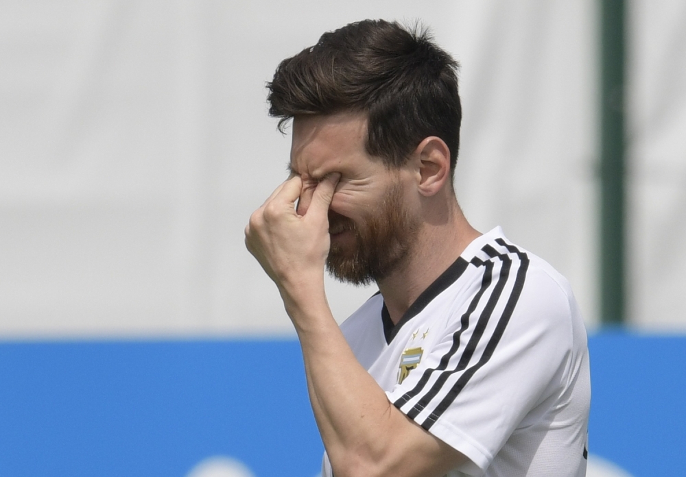 Argentina's forward Lionel Messi attends a training session at the team's base camp in Bronnitsy, near Moscow, Russia on June 24, 2018 ahead of the Russia 2018 World Cup Group D football match against Nigeria to be held in Saint Petersbourg on June 26.  A