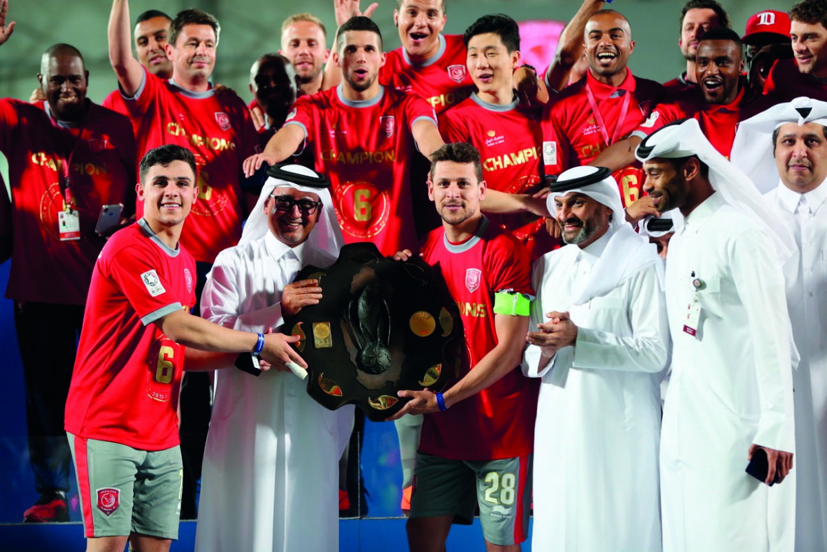 Al Duhail players celebrate winning the QNB Stars League title in this April 2018 file photo. Al Duhail will play Al Shahaniya in their first match of the 2018-19 QNB Stars League season on August 5, 2018, it was announced yesterday.