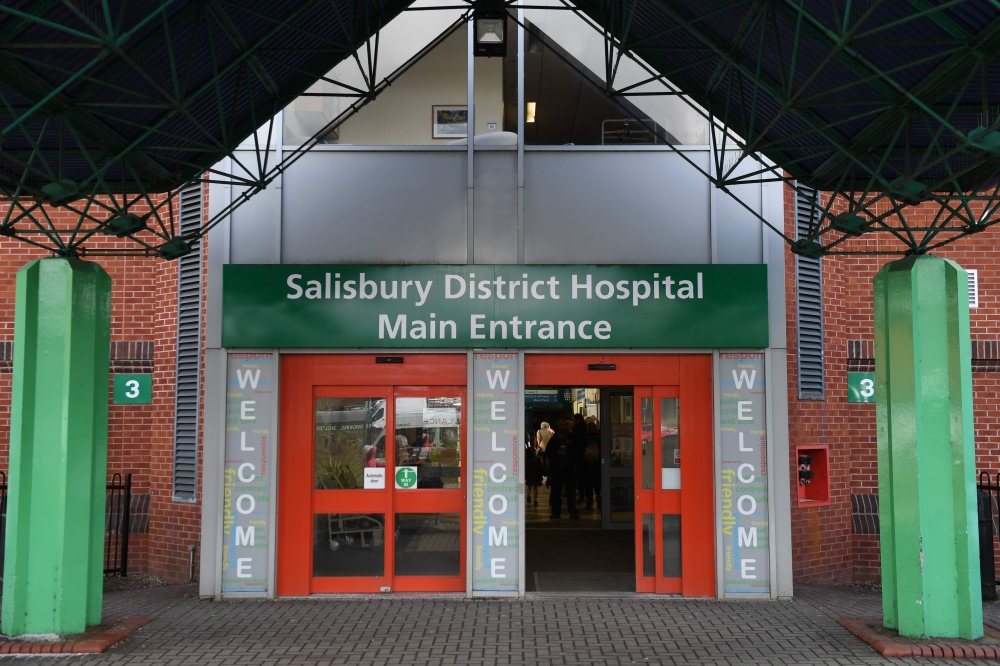 (FILES) In this file photo taken on March 6, 2018 a general view shows the main entrance to Salisbury District Hospital in Salisbury, southern England. AFP / Chris J Ratcliffe