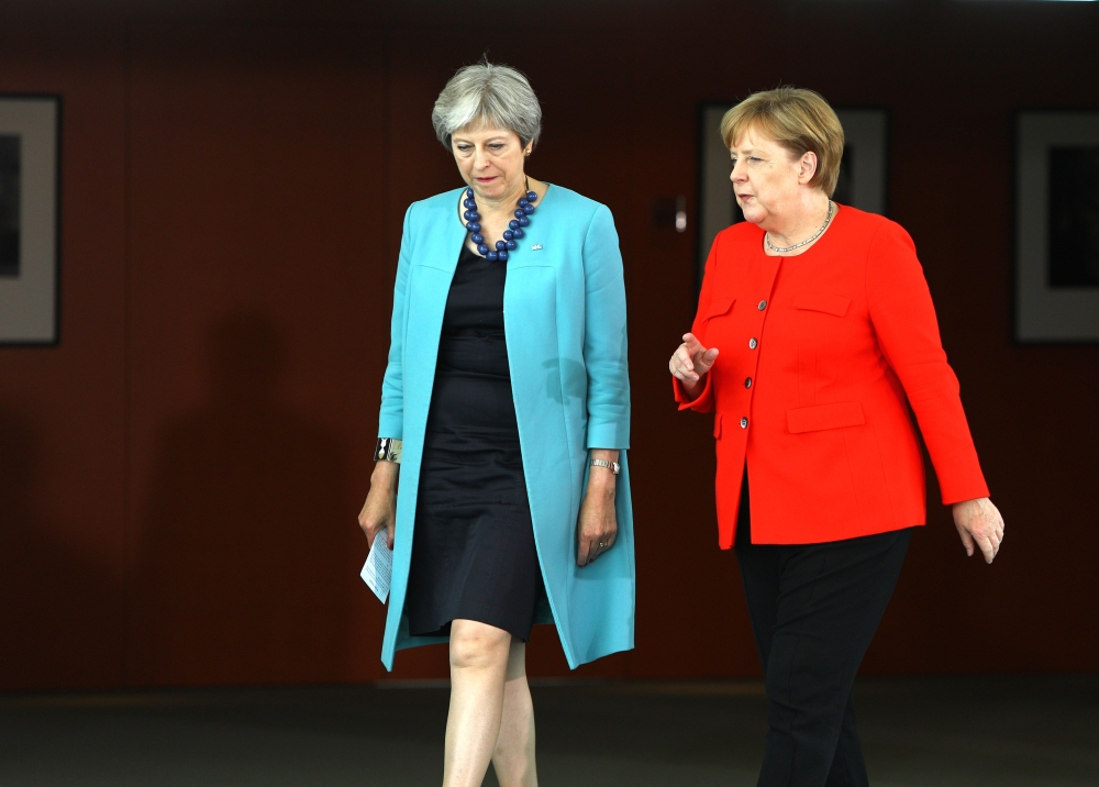 German Chancellor Angela Merkel meets with British Prime Minister Theresa May for talks on July 5, 2018 in Berlin as leaders of the EU agreed to step up preparations for the possibility that Brexit talks would collapse. AFP / Omer Messinger
