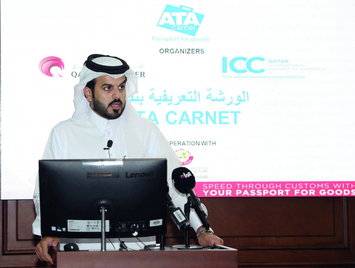 Director of Legal Affairs Department at Qatar Chamber Abdul Aziz Al Kuwari, addressing the ATA Carnet workshop, at QC premises, yesterday.