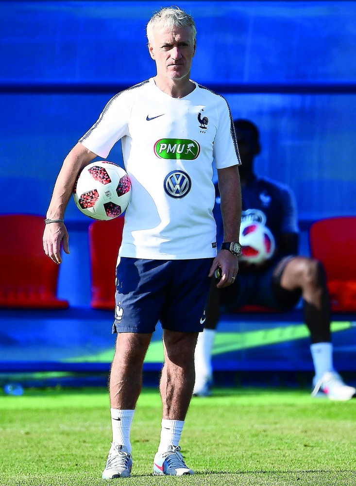 France's head coach Didier Deschamps looks on during a training session at the Glebovets stadium in Istra, some 70 km west of Moscow on July 12, 2018, ahead of their Russia 2018 World Cup final football match against Croatia. / AFP / Franck Fife
