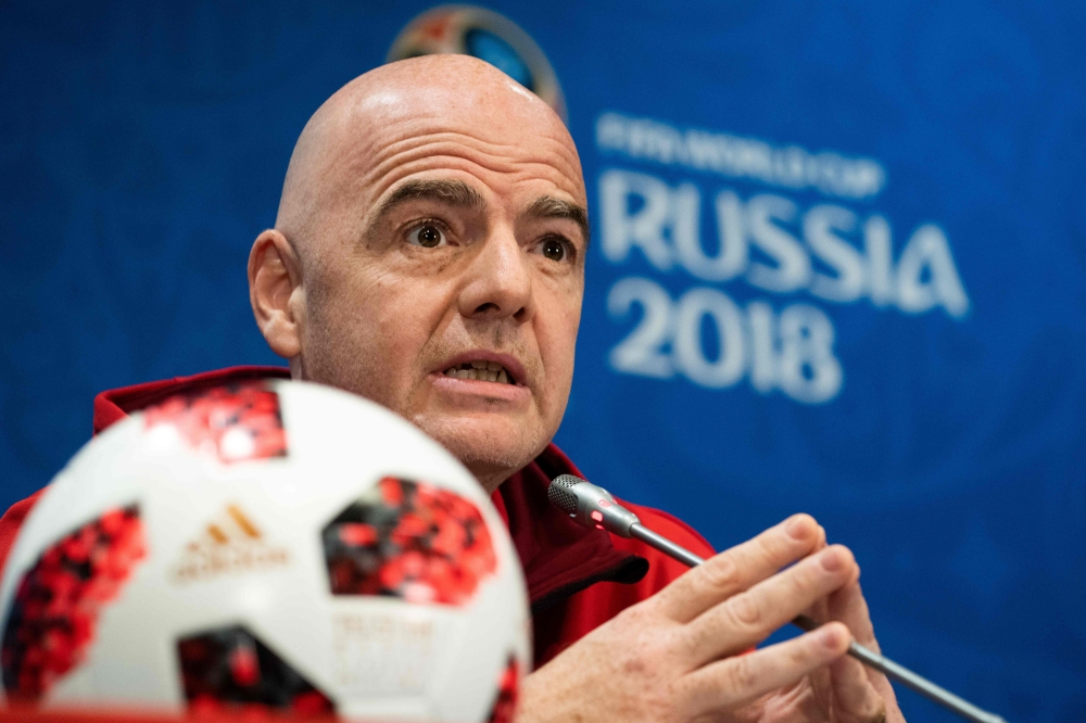 FIFA president Gianni Infantino holds a press conference at the Luzhniki Stadium in Moscow on July 13, 2018, two days before the Russia 2018 World Cup final football match between France and Croatia. / AFP / Jewel SAMAD