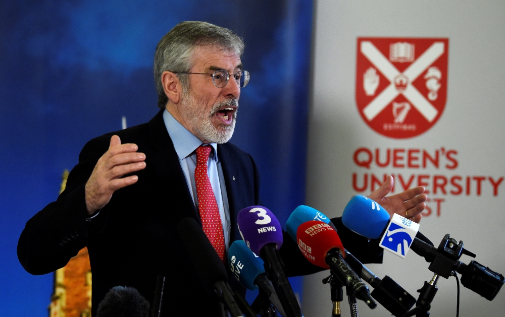 FILE PHOTO: Gerry Adams speaks at an event to celebrate the 20th anniversary of the Good Friday Agreement, in Belfast, Northern Ireland, April 10, 2018. REUTERS/Clodagh Kilcoyne/File Photo