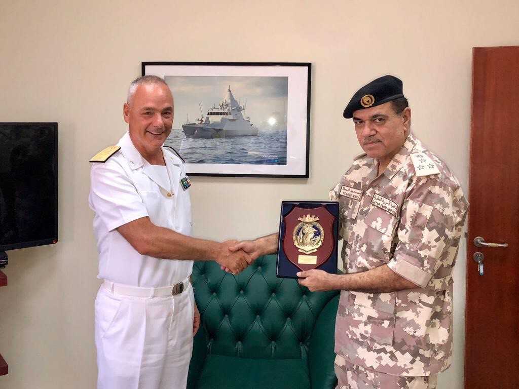 Deputy Director of Qatar Emiri Naval Forces Directorate of Education and Training, Brigadier Yousef Almulla (right); and Rear Admiral Pierpaolo Ribuffo, Superintendent of the Italian Navy Academy, during the meeting. 