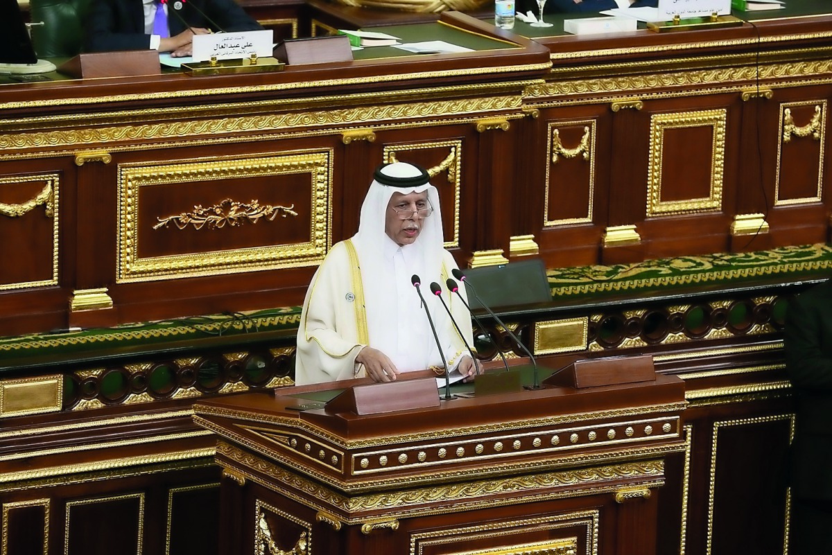 Advisory Council Speaker H E Ahmed bin Zaid Al Mahmoud speaks at the 28th extraordinary session of the Arab Inter-Parliamentary Union in Cairo yesterday. 