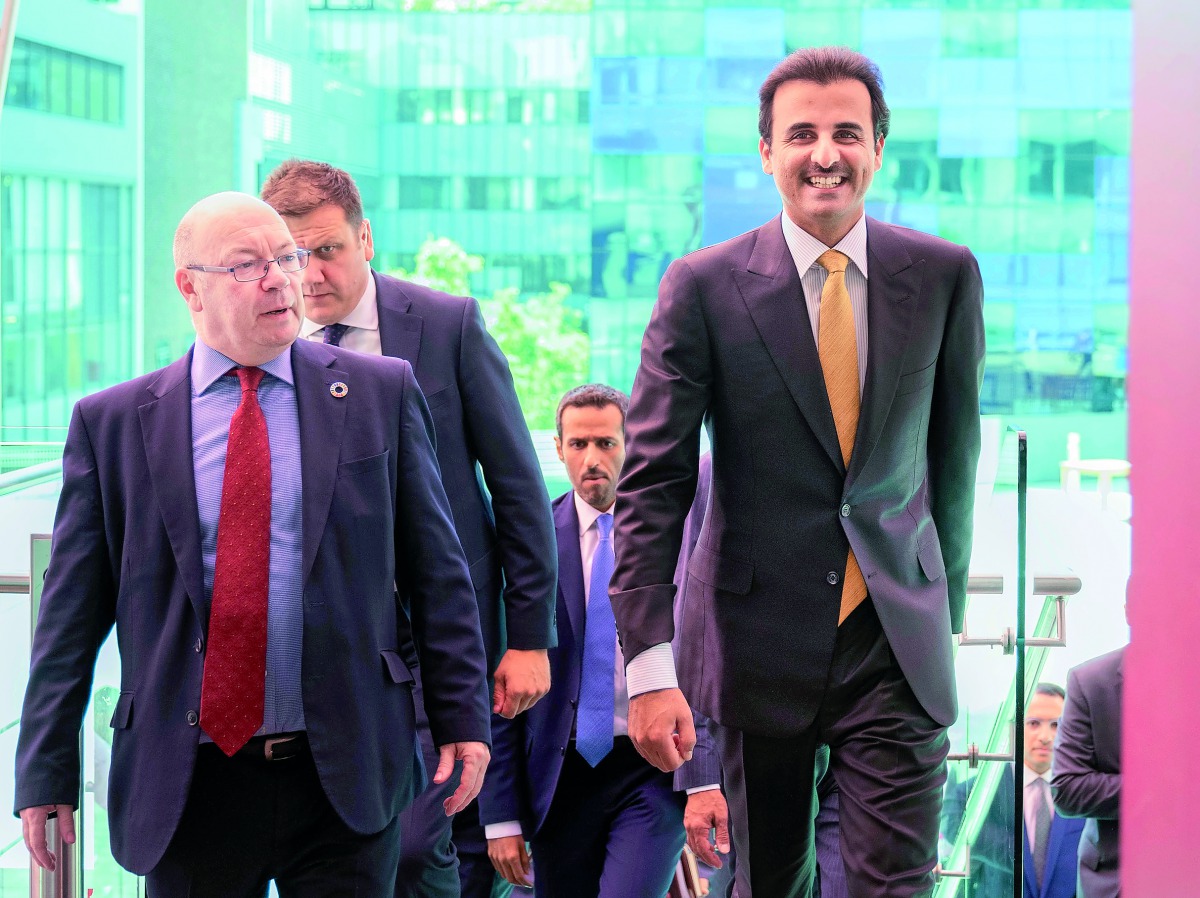 Amir H H Sheikh Tamim bin Hamad Al Thani during a visit to the Imperial College London, yesterday.