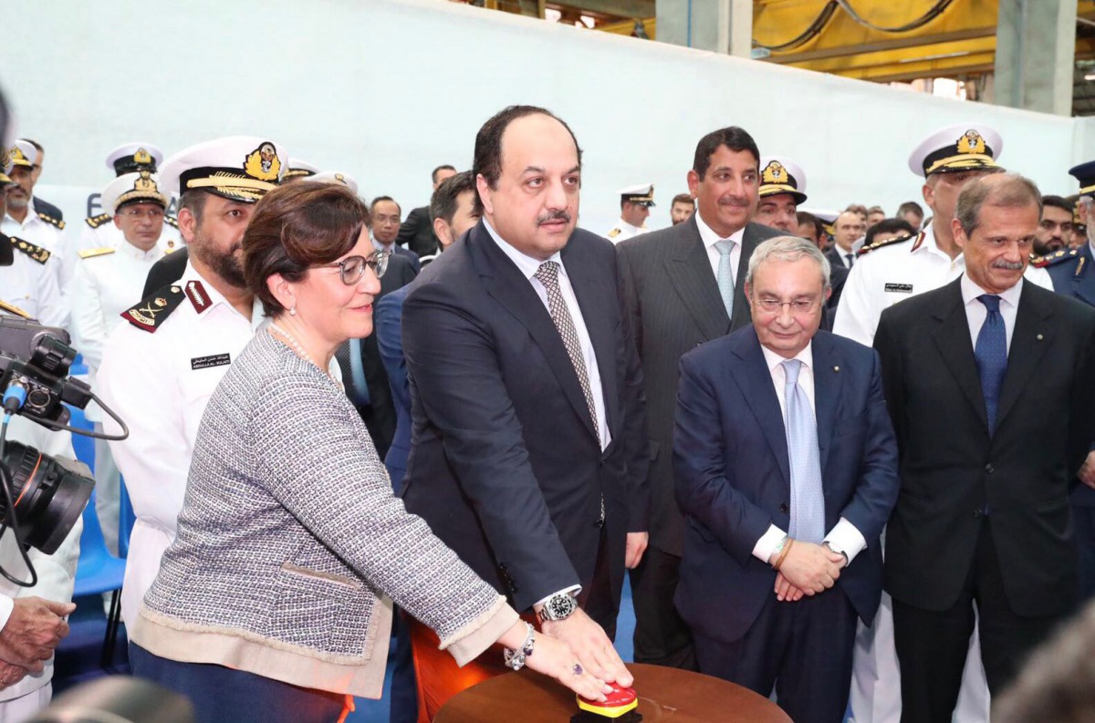Deputy Prime Minister and Minister of State for Defence Affairs, H E Dr. Khalid bin Mohammed Al Attiyah, and Minister of Defence of the Italian Republic, Elisabetta Trenta, during the ceremony to mark the beginning of steel cutting for Qatari military ves