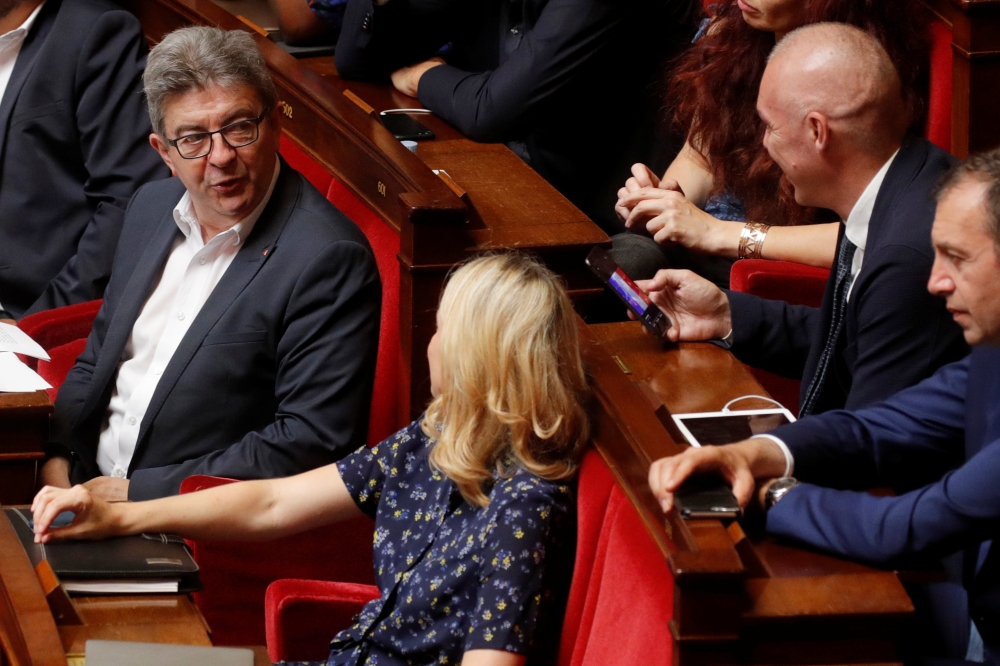 Jean-Luc Melenchon, leader of far-left opposition France Insoumise (France Unbowed) political party, and La France Insoumise members of parliament attend a no-confidence vote against French government as part of the political crisis surrounding French pre