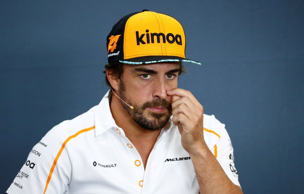FILE PHOTO: McLaren's Fernando Alonso during a press conference ahead of the Belgian Grand Prix REUTERS/Francois Lenoir
