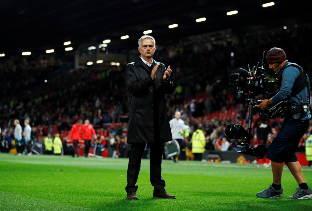 Manchester United manager Jose Mourinho applauds fans after the match Action Images via Reuters/Jason Cairnduff 