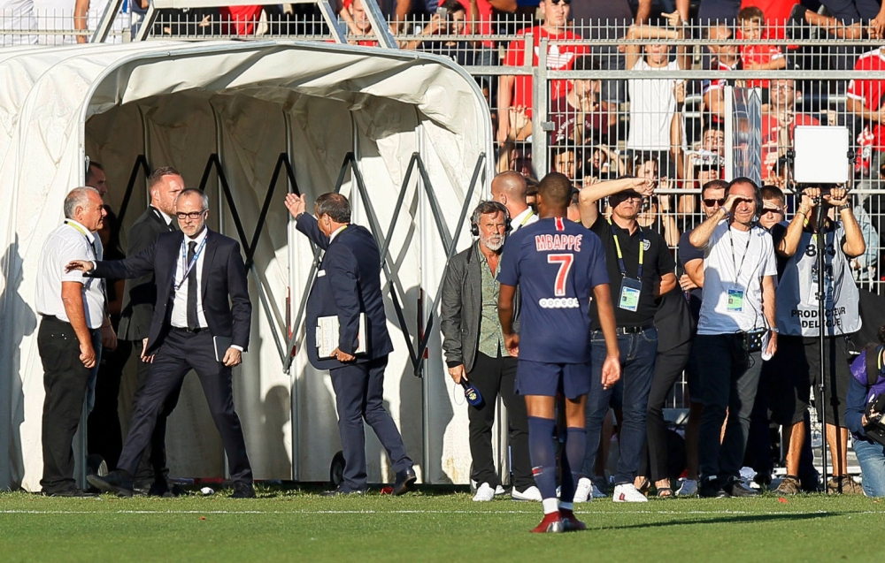 Paris St Germain's Kylian Mbappe after being sent off. REUTERS/Emmanuel Foudrot