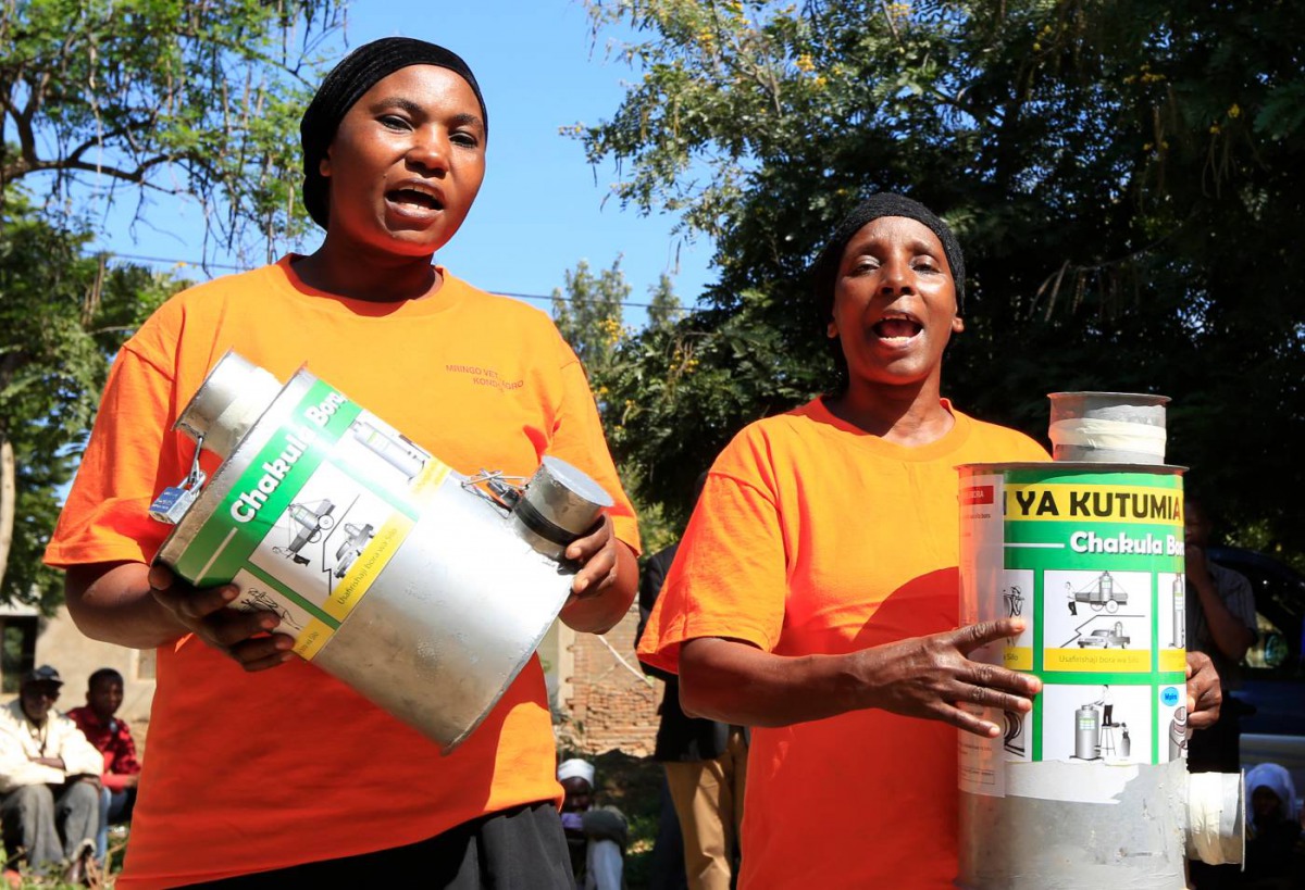 Women trained in using new storage technologies show off metal grain storage silos in Mnenia, Tanzania, June 7, 2018. Credit: Noor Khamis/University of Zurich