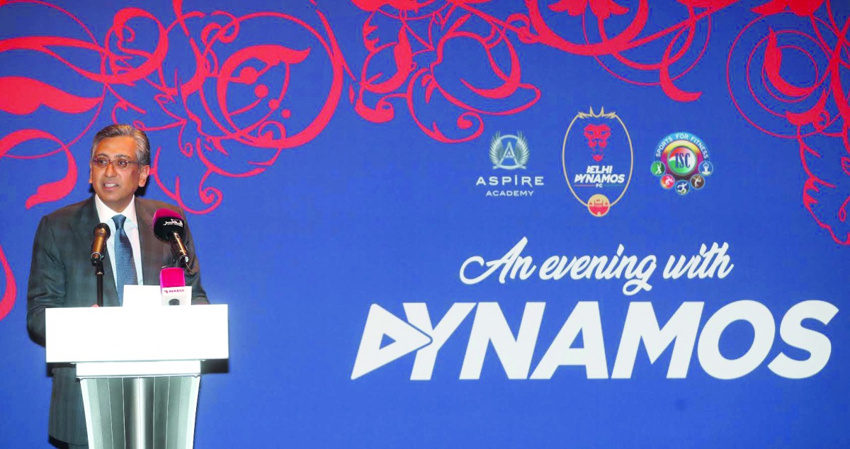 Delhi Dynamos’ owner Dr Anil Sharma speaks at a dinner co-hosted by Aspire Academy at Torch Hotel in Doha. 