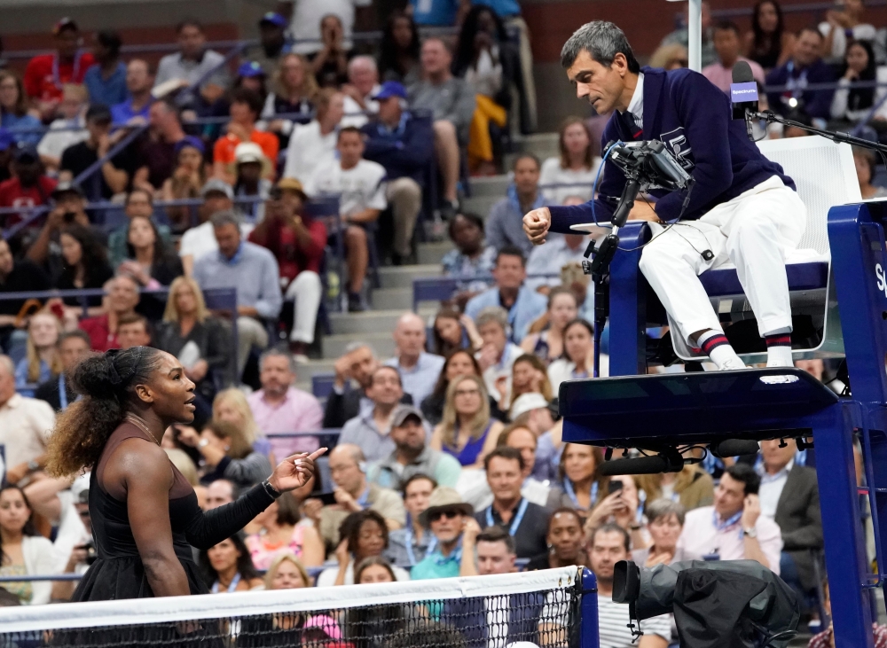 Serena Williams of the USA argues with chair umpire Carlos Ramos while playing Naomi Osaka of Japan in the women’s final on day thirteen of the 2018 U.S. Open tennis tournament at USTA Billie Jean King National Tennis Center. Robert Deutsch-USA TODAY Spor