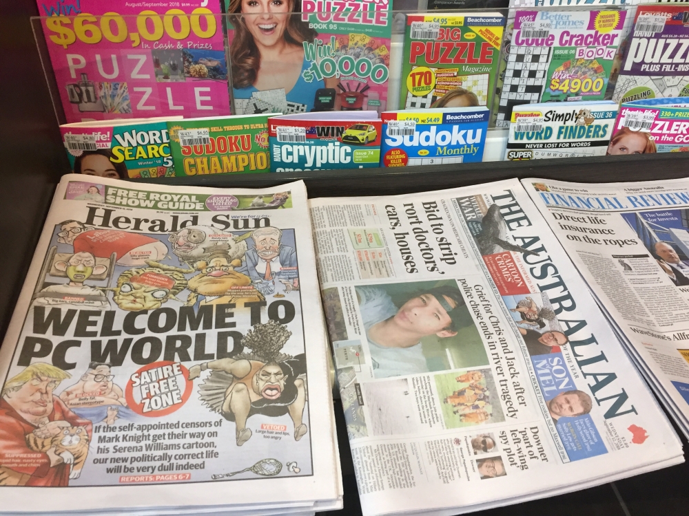 A newspaper stand displays the Herald Sun newspaper, featuring a controversial cartoon of Serena Williams, in Melbourne September 12, 2018. Reuters/Melanie Burton