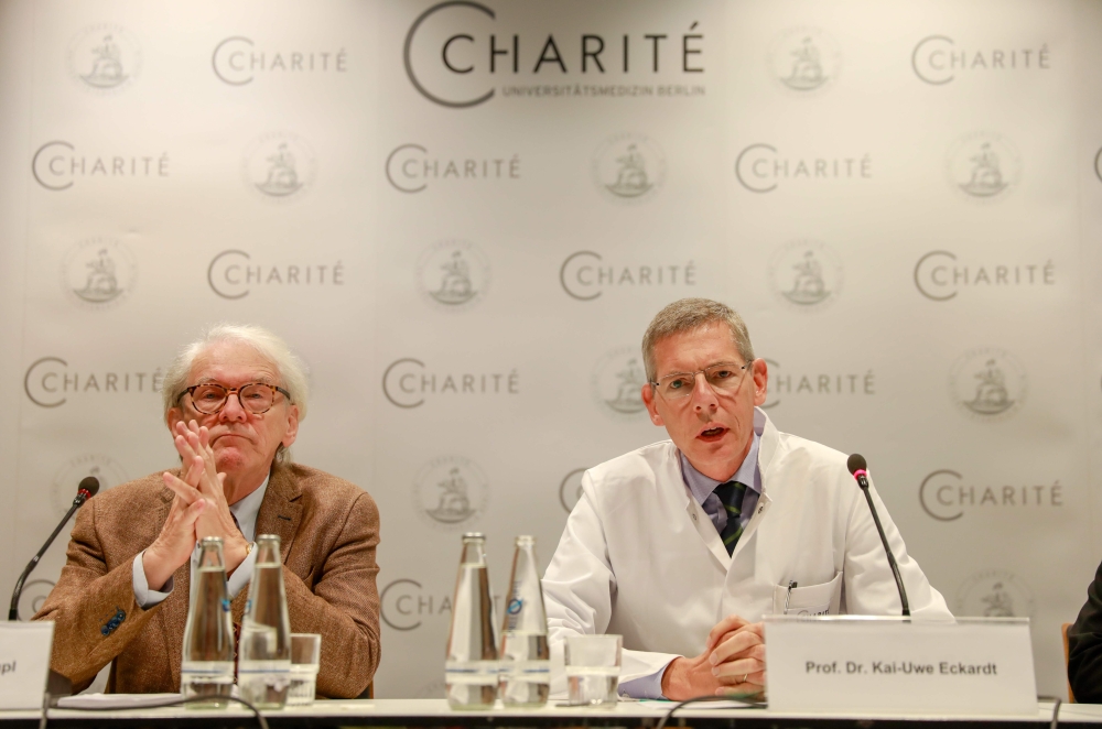 The CEO of Berlin's Charite Hospital Karl Max Einhaeupl (L) and leading doctor Kai-Uwe Eckardt address a press conference on September 18, 2018 in Berlin, on the health of Pyotr Verzilov, a member of Russian punk band Pussy Riot, who was flown to Germany 
