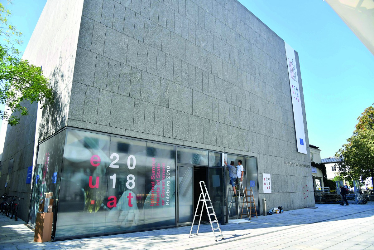 Preparations are under way on September 18, 2018 for an informal EU summit at the Mozarteum in Salzburg, Austria. Aside from the travails of Brexit, the bulk of the Summit of the Heads of State and Government of the European Union taking place from Septem