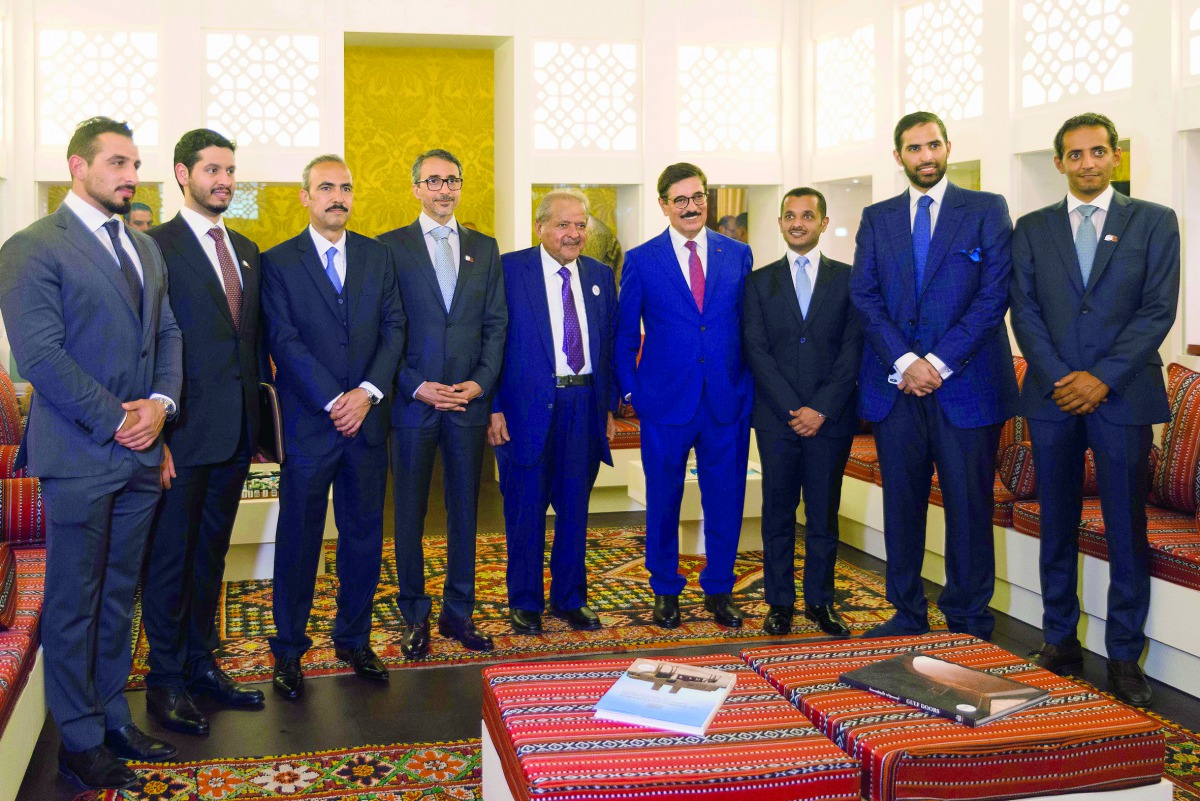 Minister of Culture and Sports H E Salah bin Ghanem Al Ali (fourth left); H E Hamad bin Abdulaziz Al Kawari (fourth right), Minister of State of Qatar; Sheikh Faisal bin Qassim Al Thani (centre), Chairman FBQ Museum; Abdulla Khalid Al Derham, Chargé d’ Af