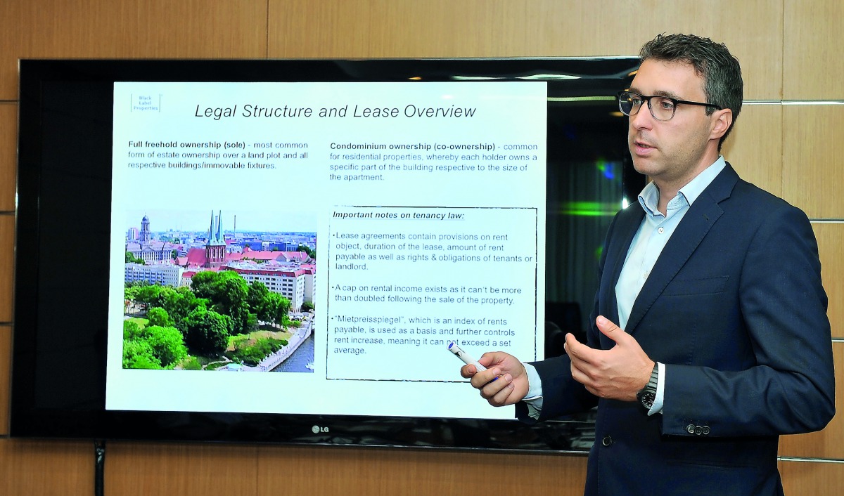 Achim Amann, Director, Black Label Properties, during a presentation at ‘Be Berlin,’ a property seminar at the Movenpick Hotel, West Bay, in Doha, yesterday.  Pic: Salim Matramkot/The Peninsula