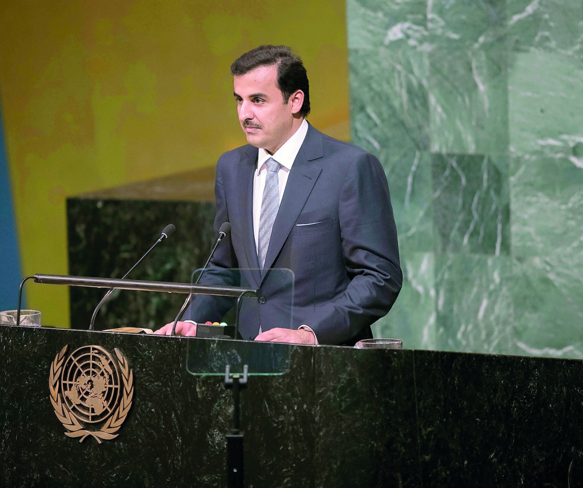 Amir H H Sheikh Tamim bin Hamad Al Thani addressing the opening session of the 72nd United Nations General Assembly on September 19, 2017.