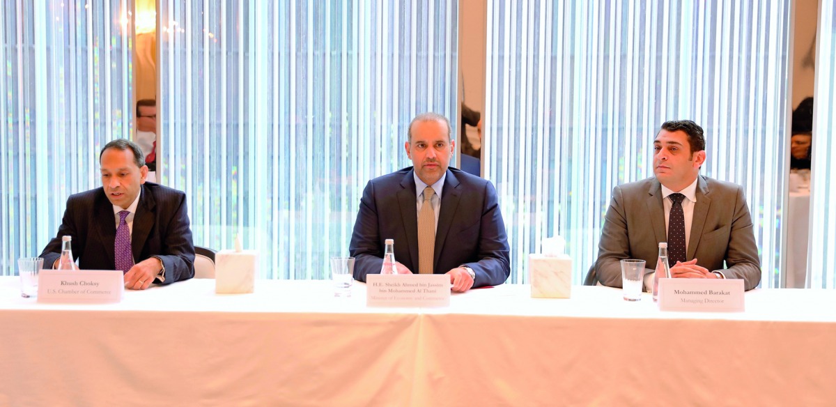 H E Sheikh Ahmed bin Jassim Al Thani (centre), Minister of Economy and Commerce, with Khush Choksy (left), Senior Vice-President of the American Chamber of Commerce for the Middle East affairs, and  Mohammed Barakat, US-Qatar Business Council Managing Dir