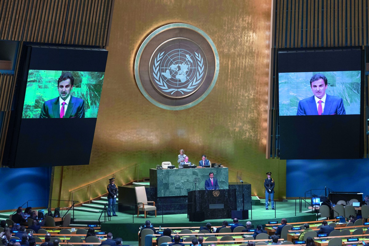 Amir H H Sheikh Tamim bin Hamad Al Thani addressing the 73rd Session of the United Nations General Assembly in New York, yesterday. 
