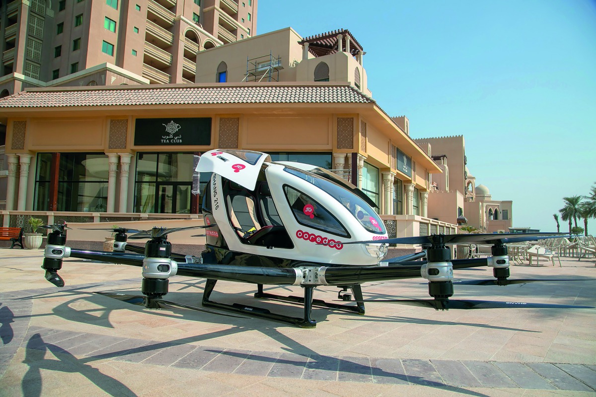 Ooredoo's self-driving 5G flying taxi at The Pearl-Qatar, yesterday.