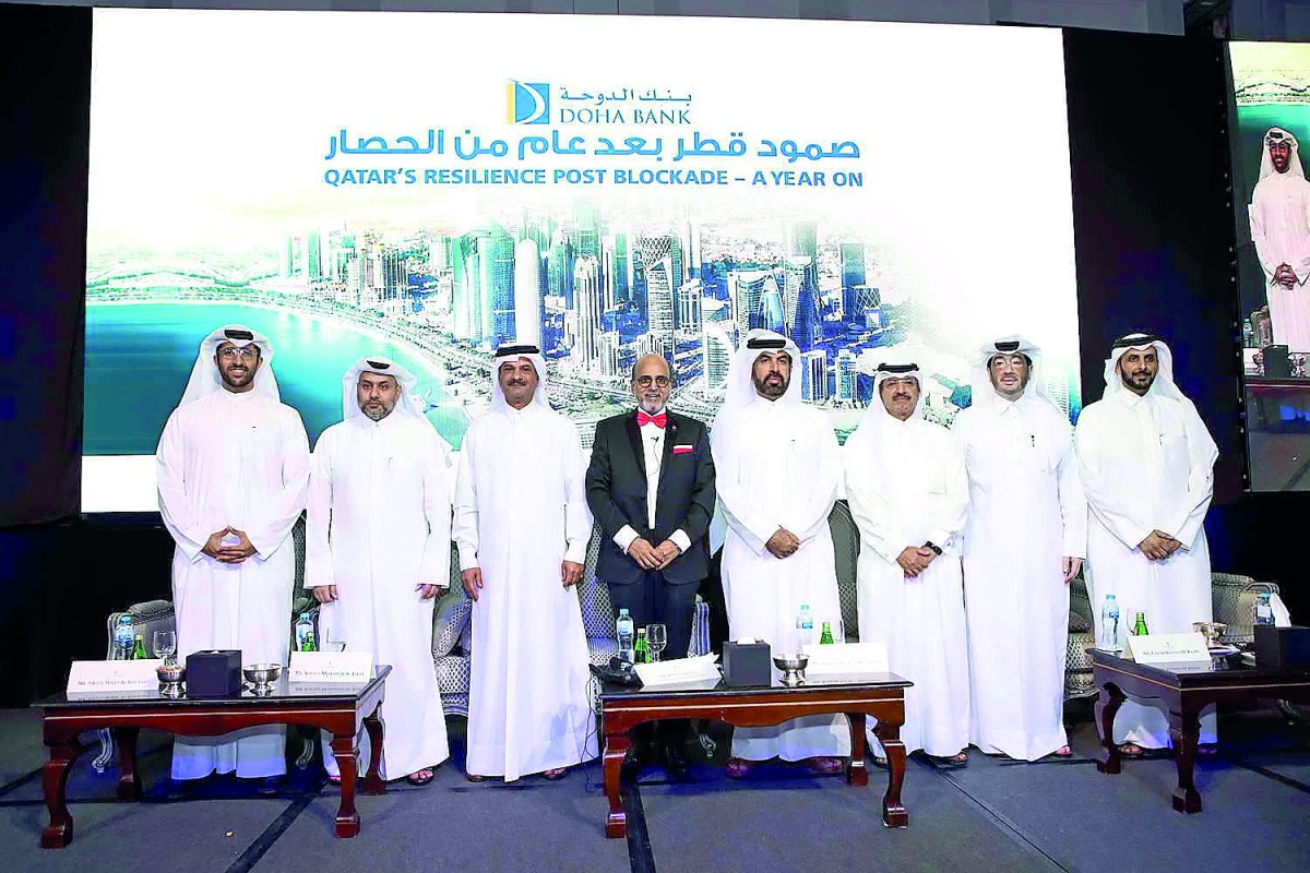 Doha Bank CEO Dr R Seetharaman (fourth left) with Yousuf Mohamed Al Jaida (second left), CEO, QFC Authority; Rashid Al Mansoori (fourth right), CEO of Qatar Stock Exchange; Fahad Rashid Al Kaabi (second right), CEO of Manateq; Mubarak Al Sahuty (right), E