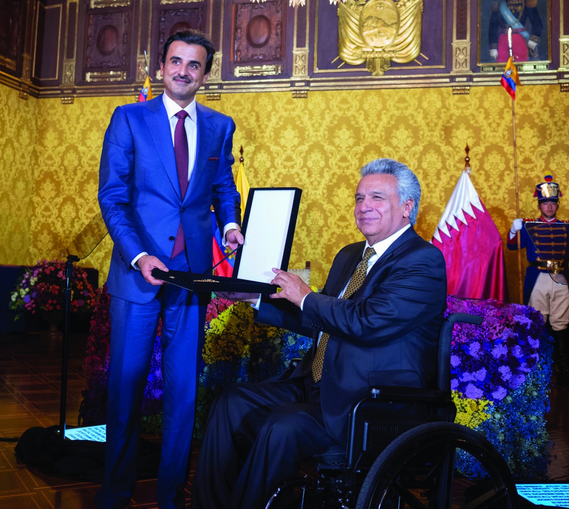 Amir H H Sheikh Tamim bin Hamad Al Thani is being honoured with National Order of Merit by President Lenin Moreno of the Republic of Ecuador at the “Carondelet Palace” in Quito.