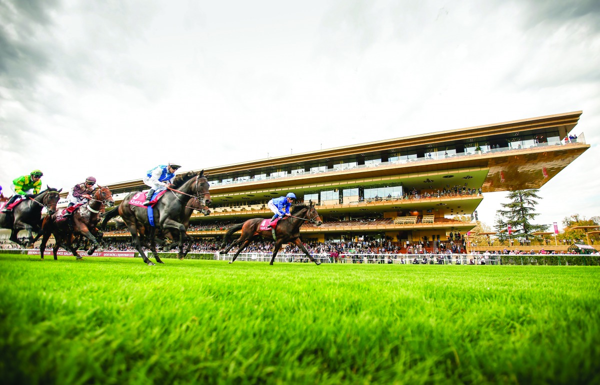 Action from one of the races at the Qatar Prix de l’Arc de Triomphe in Paris yesterday.