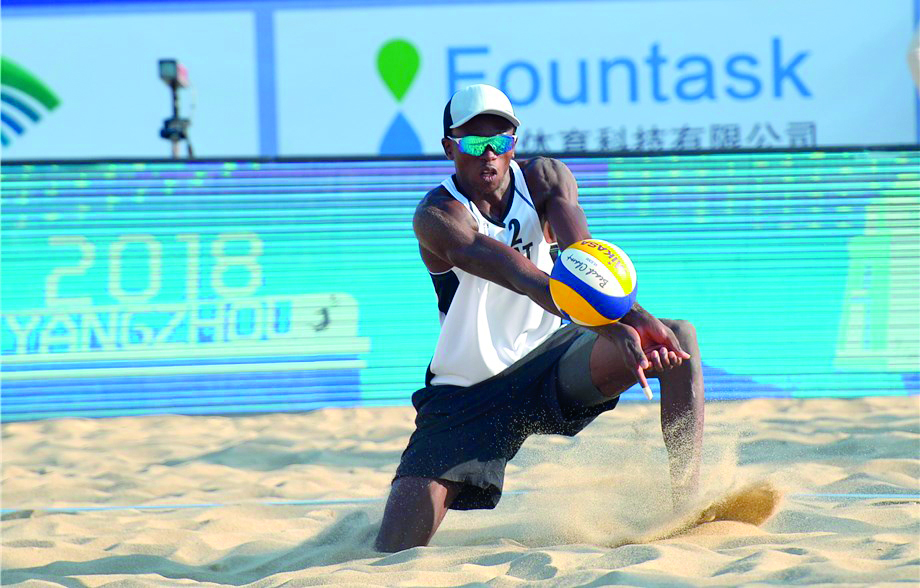 Qatar’s Cherif Youousse in action during FIVB Beach Volleyball World Tour Yangzhou 4-star, in Yangzhou, yesterday.
