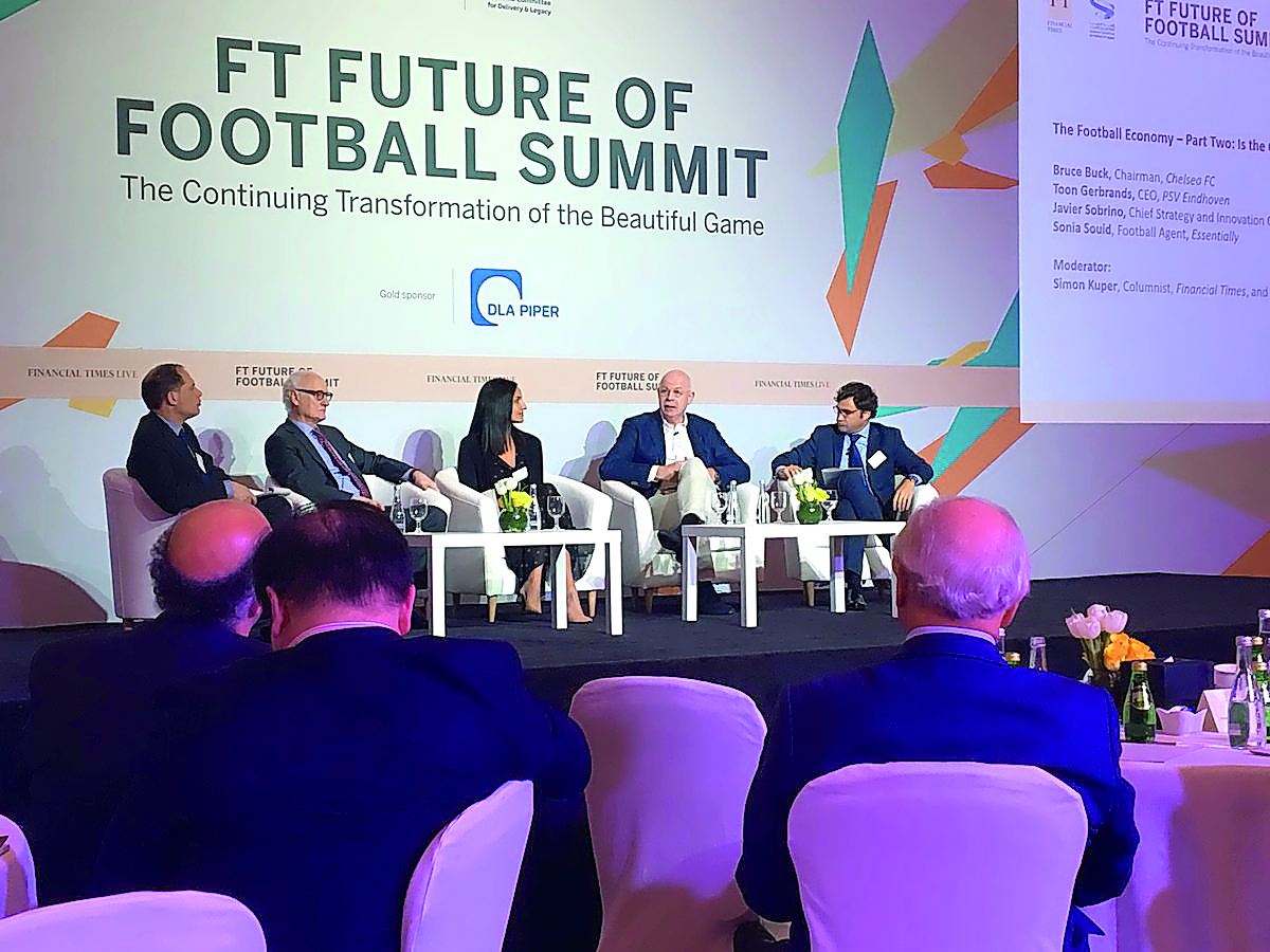 FROM LEFT: Simon Kuper, Bruce Buck, Chelsea FC Chairman, Sonia Souid, a football agent, Toon Gerbrands, PSV Eindhoven CEO and Javier Sobrino, Chief Strategy and Innovation Officer at FC Barcelona during the FT Live: Future of Football Summit in Doha, yest