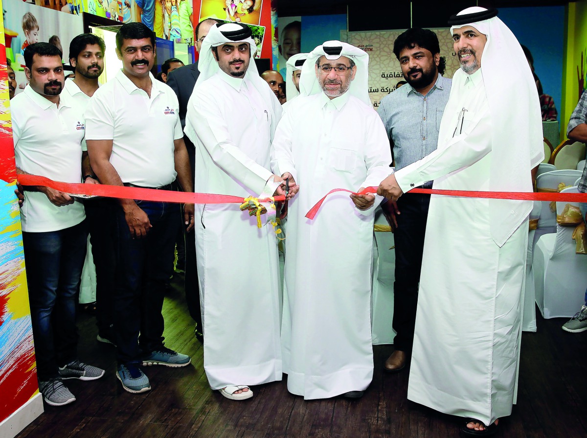 Ahmed Al Kuwari, Assistant Director, Nomas Center (right); Anil Kumar V Pillai, Managing Director, City Gym (second right); Adel Hilal Al Enzi, Chairman of City Gym Group, and other officials at the agreement-signing ceremony between City Gym and Nomas Ce