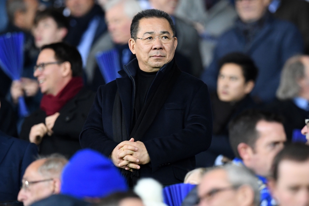 (FILES) In this file photo taken on November 22, 2016 Leicester City's Thai chairman Vichai Srivaddhanaprabha watches during the UEFA Champions League group G football match between Leicester City and Club Brugge at the King Power Stadium in Leicester, ce