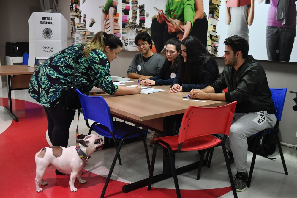 A woman with a dog, casts her vote at a polling station in Sao Paulo, Brazil during the second round of the presidential election, on October 28, 2018. (AFP / NELSON ALMEIDA)
