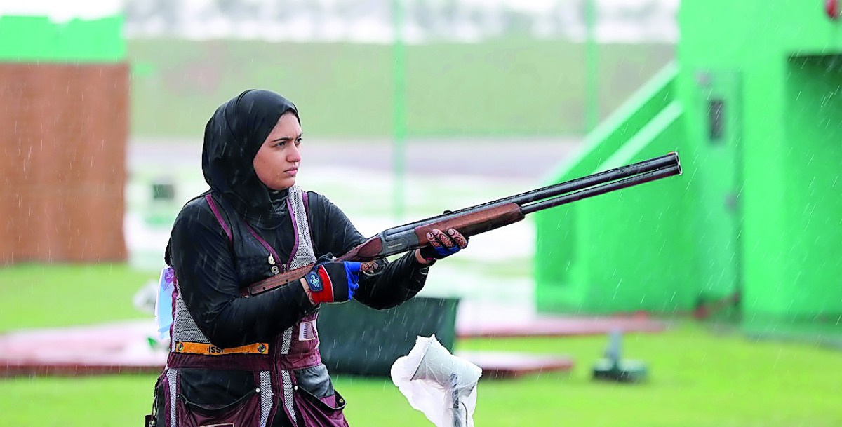 Qatar’s Sarah Ghulam Mohammad in action during the 8th Asian Shotgun Championships in Kuwait yesterday. Sarah shot down 37 clay pigeons in the medal round of the women’s skeet event to secure the bronze medal at the Sheikh Sabah Al Ahmad Olympic Shooting 